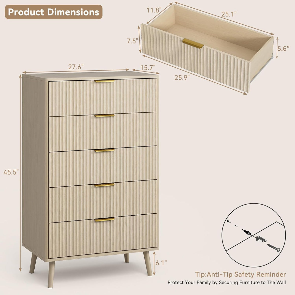 CARPETNAL Fluted 5 Drawers Dresser for Bedroom, 45" Tall Wooden Chest of Drawers with Rounded Corners, Gold Handles, Modern Storage Organizer for Bedroom, Hallway (Beige)