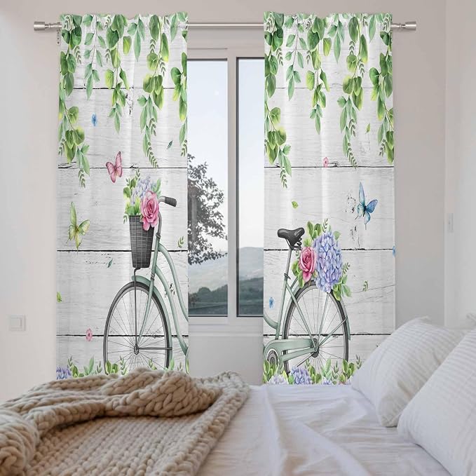 Spring Kitchen Curtains, Bicycles Botanical Rose Leaves Butterfly Wood Grain