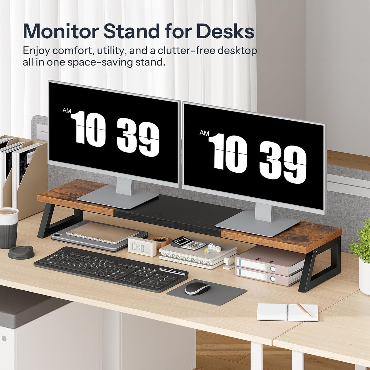 HOOBRO Dual Monitor Stand Riser, 39 Inch Large Computer Monitor Stand for 2 Monitors, Computer Monitor Riser, Desk Shelf Organizer for Office Desk, Accessories, Rustic Brown and Black BF121CJ01