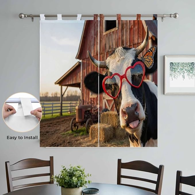 Farm Cows Bathroom Curtains 63 Inch Length, Window Curtains Tab Top, Farmhouse