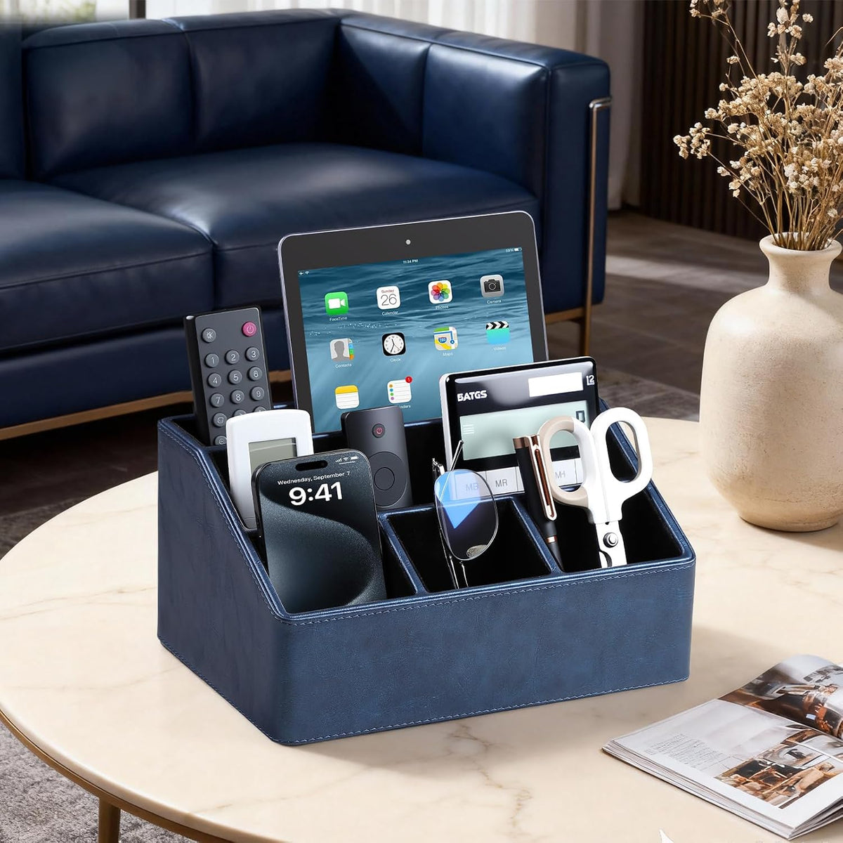 PU Leather Desk Organizer, Remote Control Holder (Dark Blue)