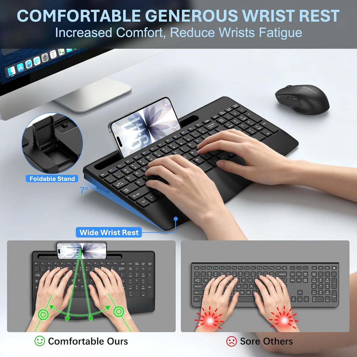 Rechargeable Silent Wireless Keyboard and Mouse Combo, Ergonomic Wrist Rest & Phone Tablet Holder, USB-C Adapter Included, 2.4G Lag-Free Cordless Set for Windows Mac Laptop PC Home Office (Black)