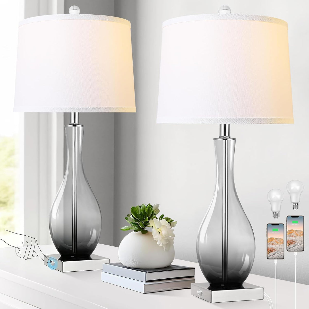 27" Glass Table Lamps with USB Ports, Touch Bedside Desk Lamps Set of 2