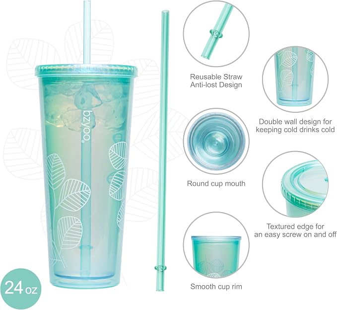 bzyoo 24oz Plastic Tumbler Cup, Lid & Straw, Iced Coffee, Pearl Green Leaf