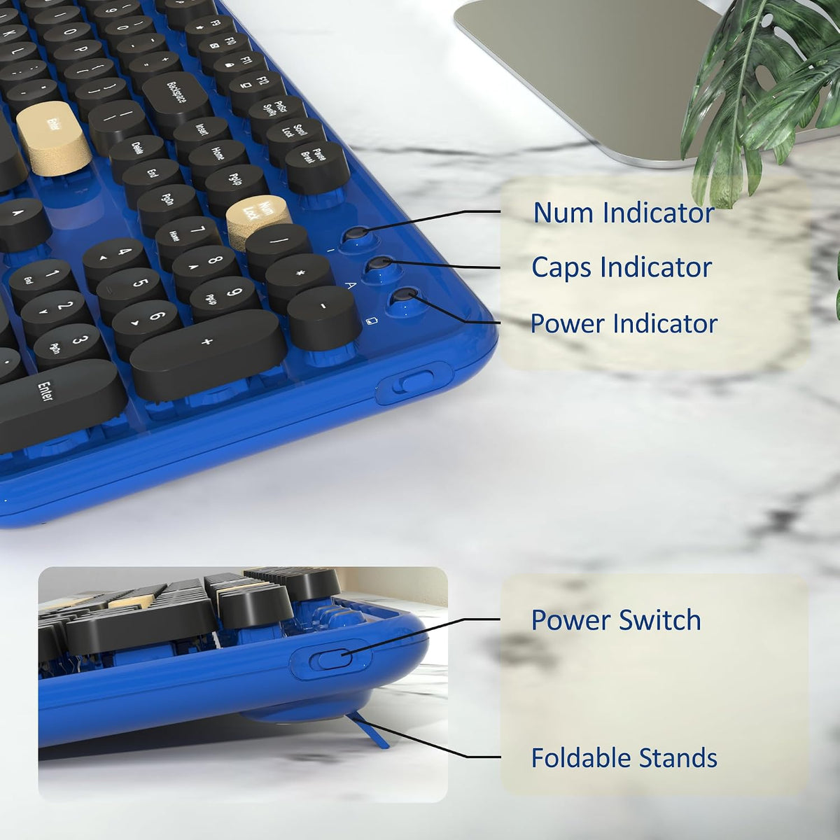 Retro Wireless Keyboard and Mouse Combo with Wrist Rest (Klein Blue)