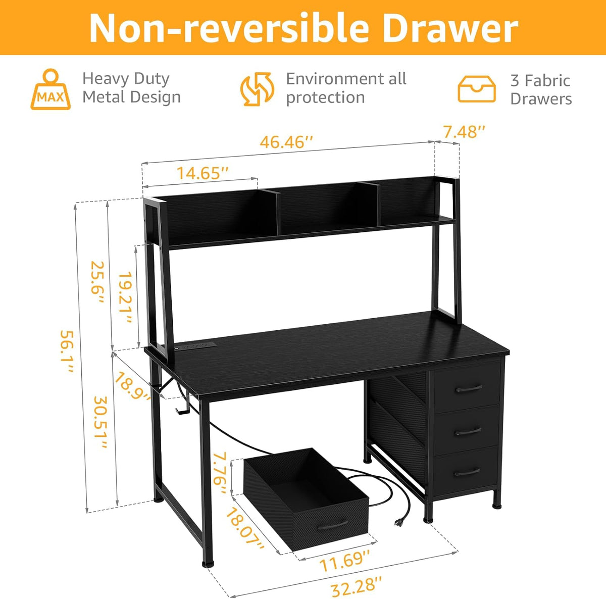 DLisiting Black Computer Desk with Hutch & Drawers, 47 Inch