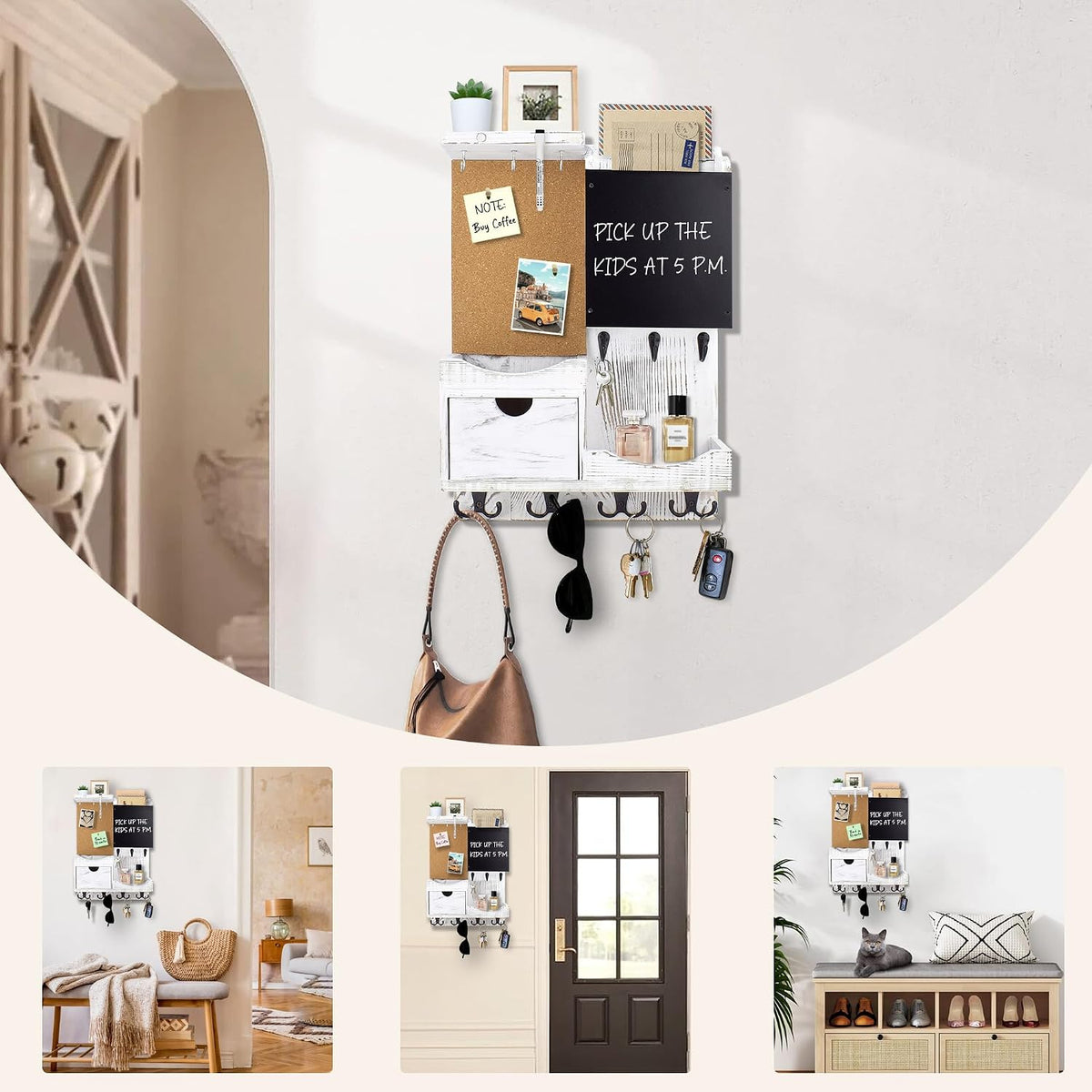 Key Holder Wall Mount with Drawer and Mail Organizer, Whitewashed