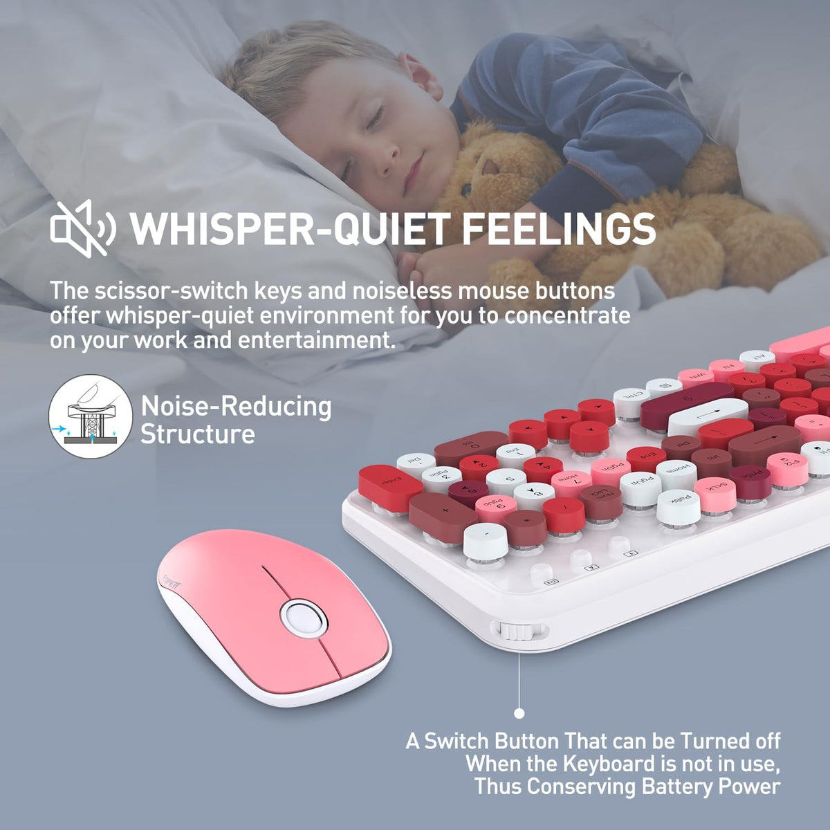Cute Wireless Keyboard Mouse Combo,Colorful Round Keys,for Long Nails,Pink