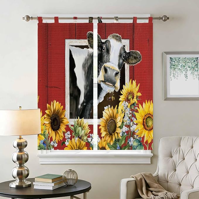 Cows Sunflowers Bathroom Curtains 63 Inch Length, Window Curtains Tab Top