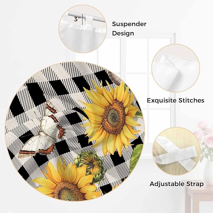 Sunflowers Kitchen Curtains 45 Inch Length, Short Cafe Window Curtains Tab Top