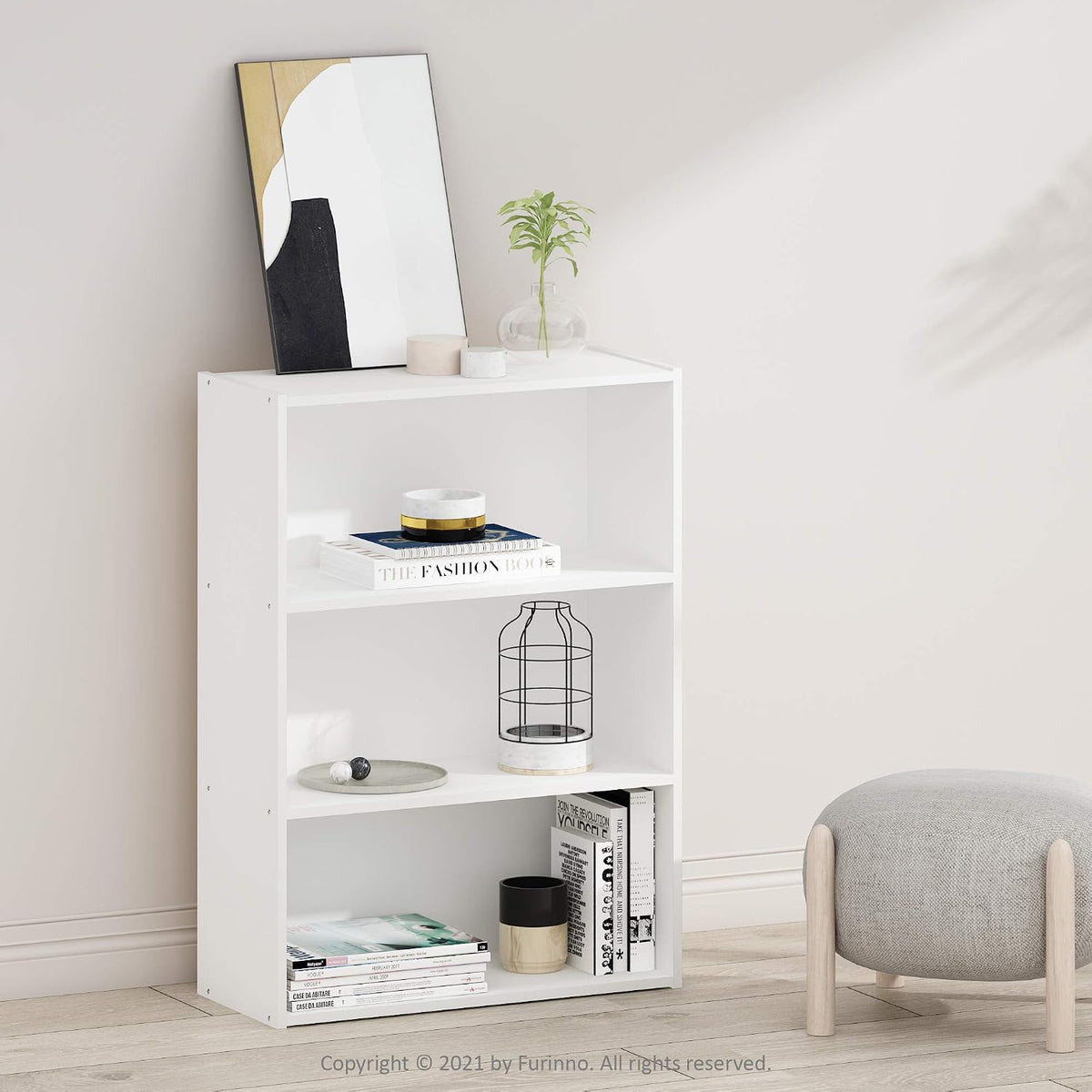 Furinno PASIR Book Shelf, 3-Tier Bookshelf, Storage Shelves Bookcase, 9.7 x 23.7 x 31.5, for Living Room, Bedroom, Home Office, Plain White