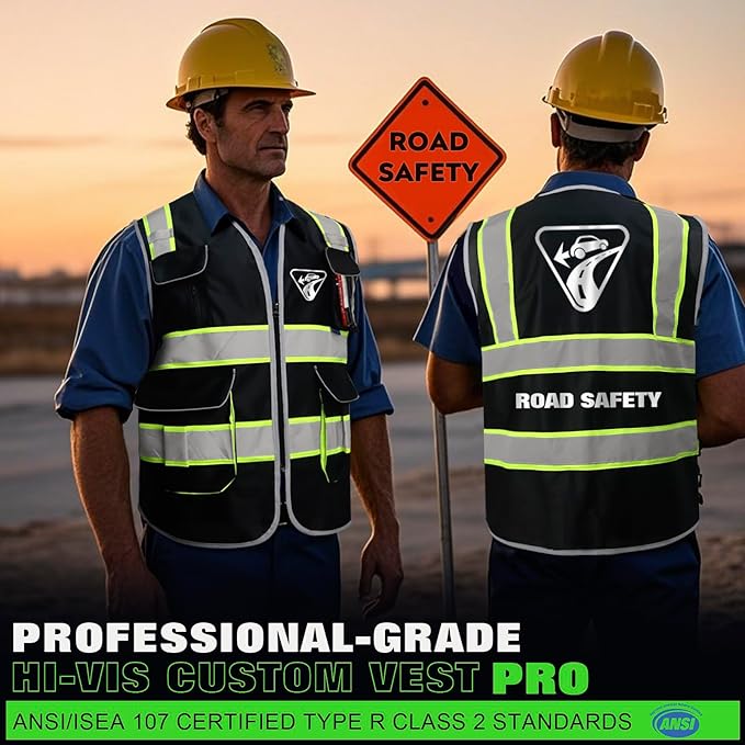 BeautyWill ANSI Certified Custom Logo Safety Vest 8-Pockets Class2 High Visibility Reflective Vest for Men - Personalized Logo Heavy-Duty Work Vest（Black，4XL）
