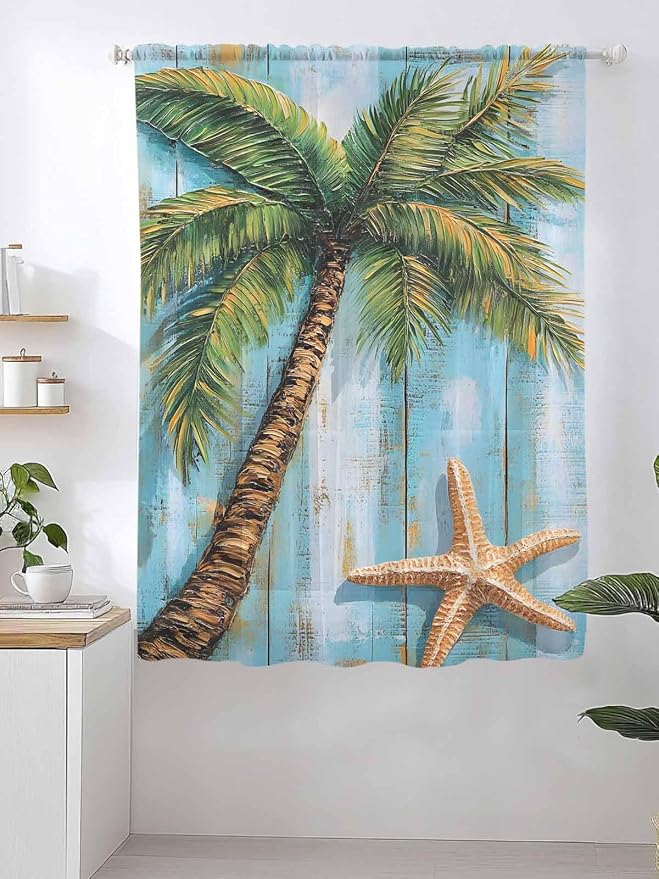 Sheer Curtains 72 Inches Long, Coastal Beach Tree Semi Sheer Curtains Light