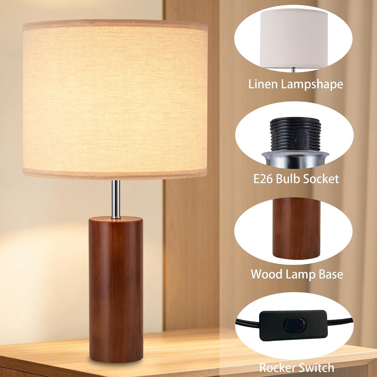23.5" Modern Wood Table Lamps for Bedroom Living Room, Set of 2, Walnut
