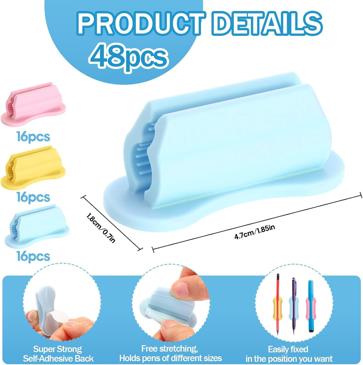 Sherr 48 Pack Adhesive Silicone Pencil Holders Bulk for Desk,Wave,Colorful