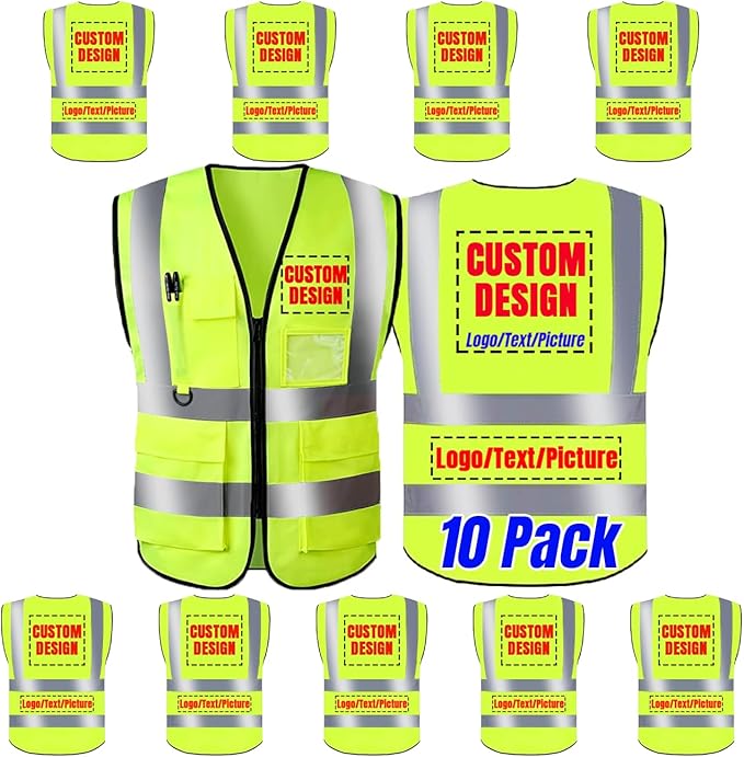 10 Pack Safety Vest Custom Logo Class2 High Visibility Reflective Vest with 5 Pockets Construction Security Work Vest ANSI/ISEA Standards（Yellow，4XL ）