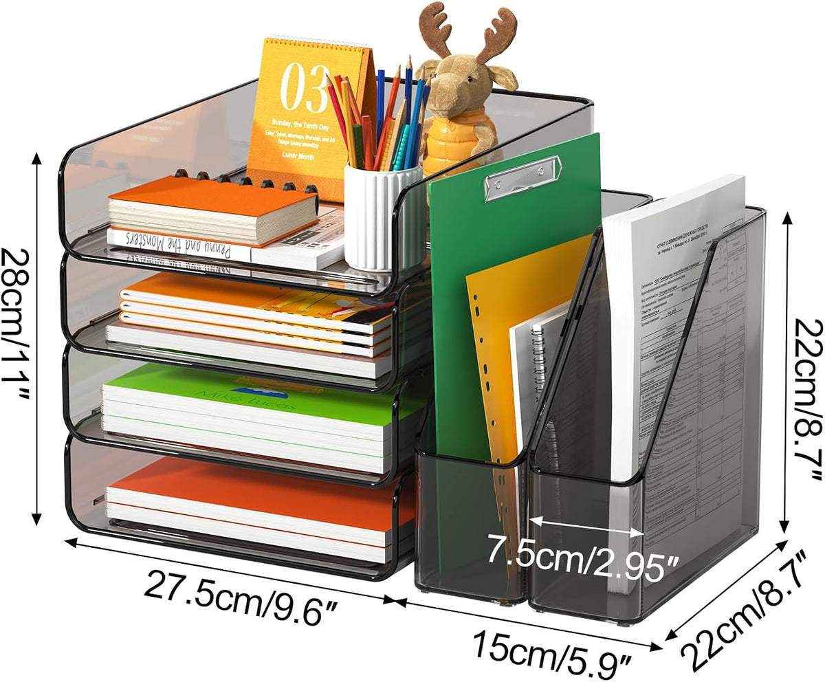 FANXIYQ 4-Tier Brown Acrylic Paper Tray Organizer with 2 Bookends