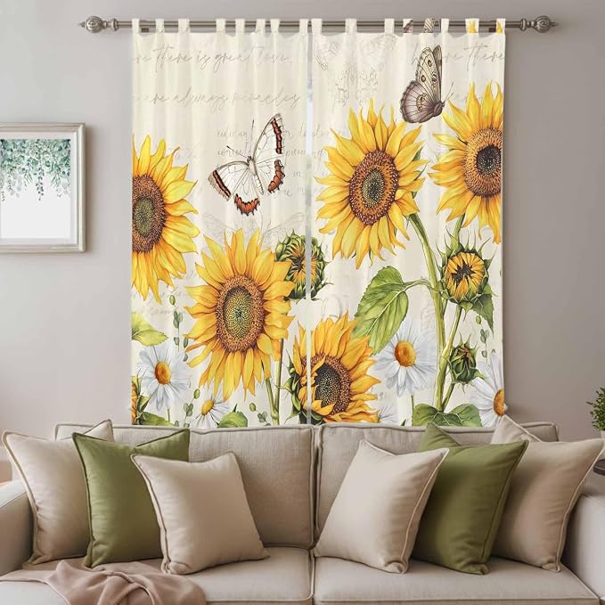Farm Sunflowers Living Room Curtains 96 Inch Length, Window Curtains Tab Top