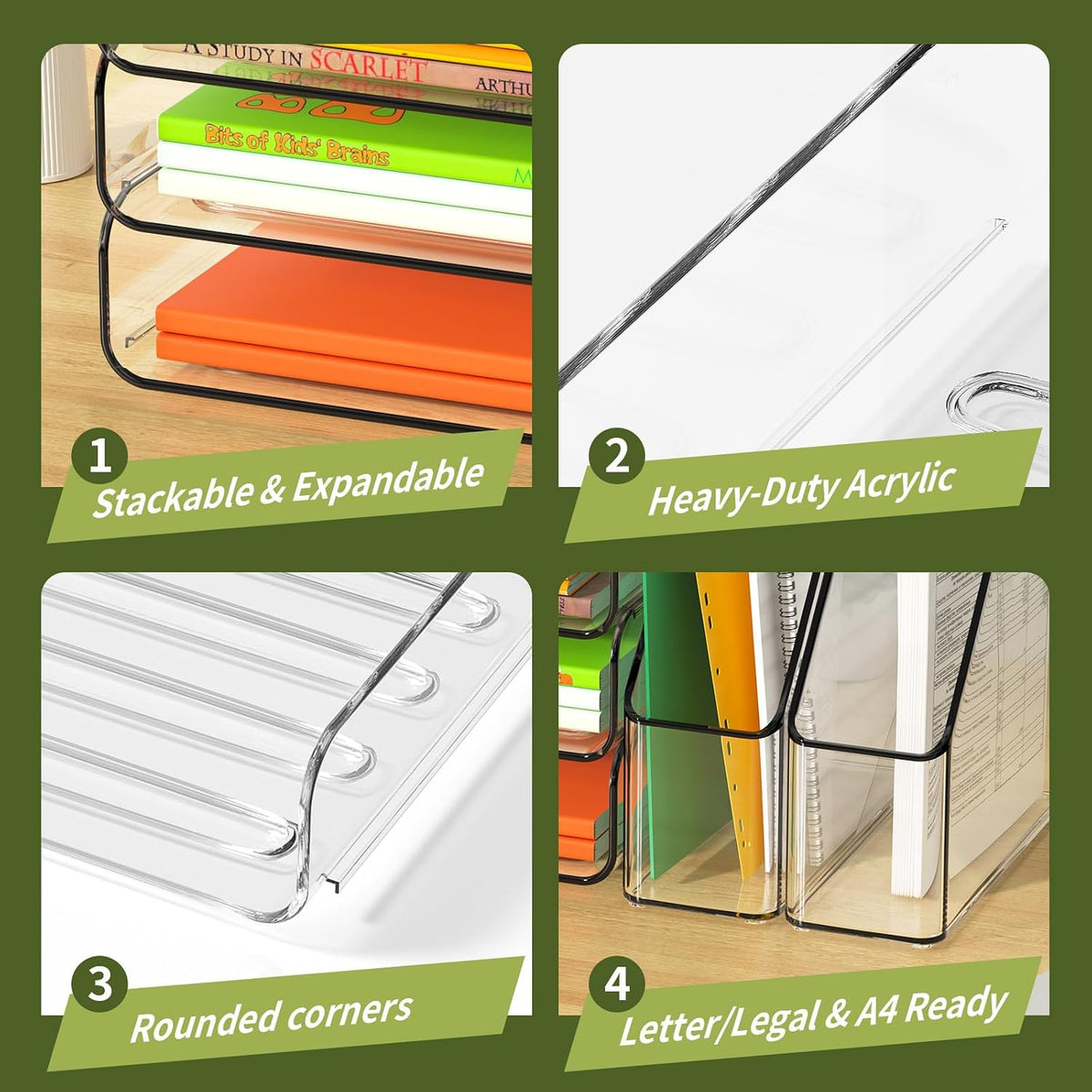 FANXIYQ 4-Tier Acrylic Paper Tray Organizer with Bookends, Paper Organizer