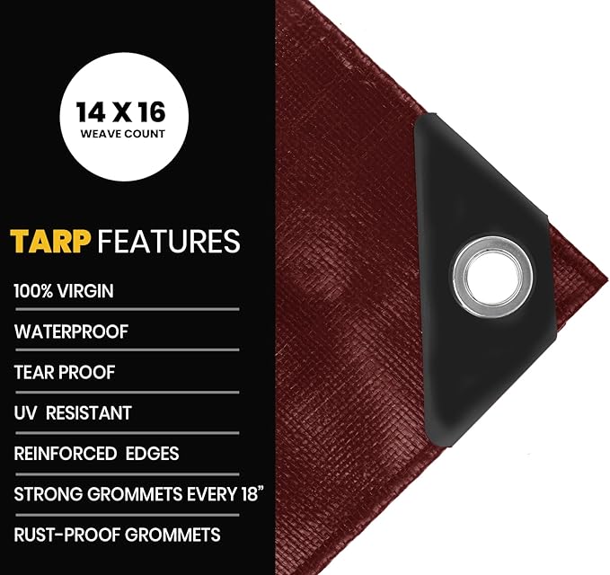 PROTARP Extra Heavy Duty 16 Mil Tarp Cover, Waterproof, UV Resistant, Rip and Tear Proof, Poly Tarpaulin with Reinforced Edges for Roof, Camping, Patio, Pool, Boat. (Maroon/Black 40′ X 40′)