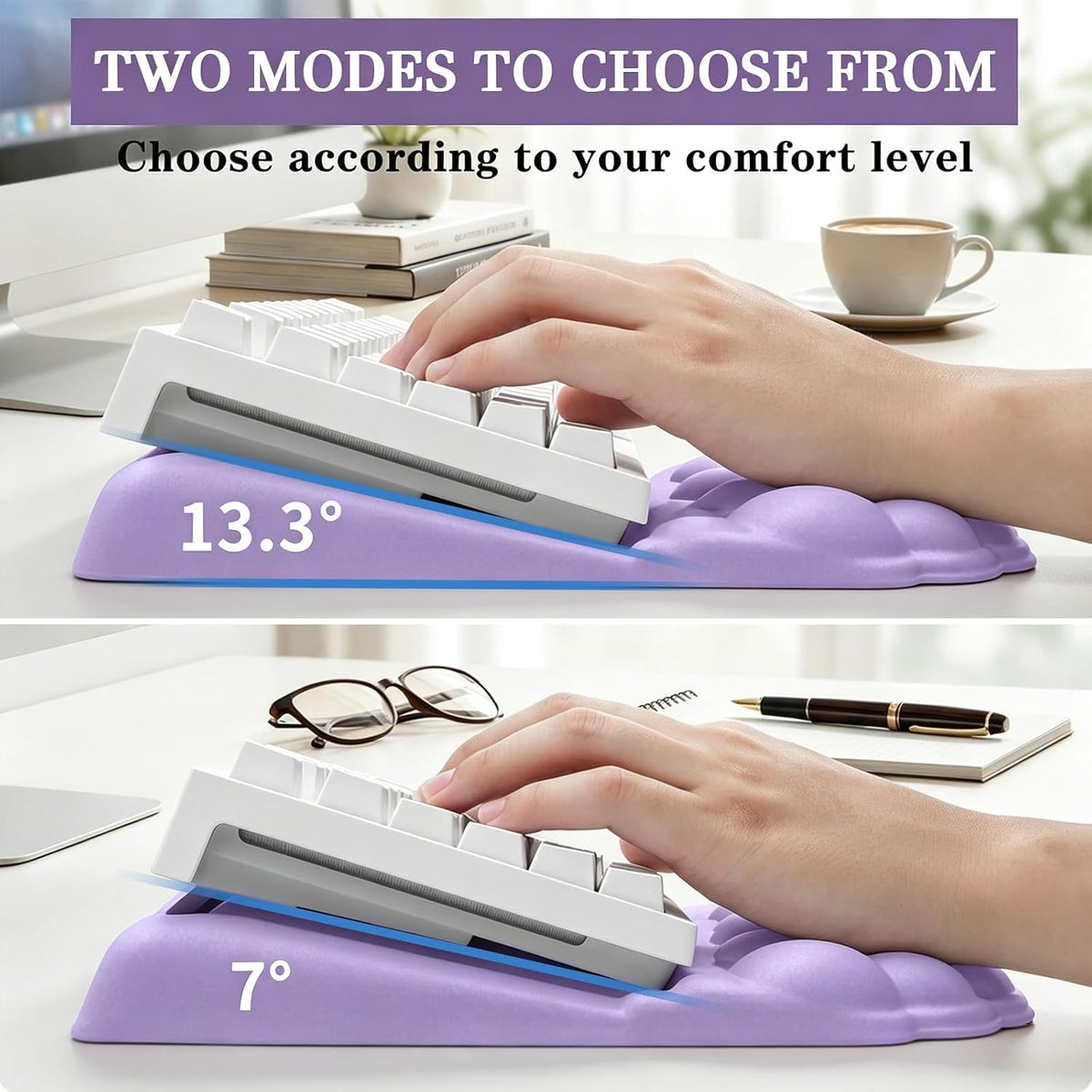 Cloud Keyboard Wrist Rest Set, 3 in 1 Ergonomic Memory Foam Keyboard Stand Pad with Mouse Wrist Support & Cup Holder, Anti-Slip Desk Cushion for Office Gaming Typing Pain Relief, Purple