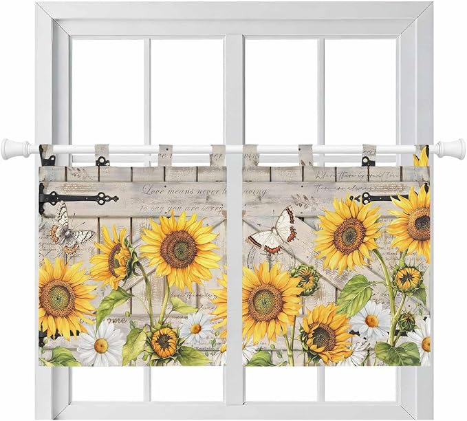 Farm Flowers Kitchen Curtains 36 Inch Length, Small Window Curtains Tab Top