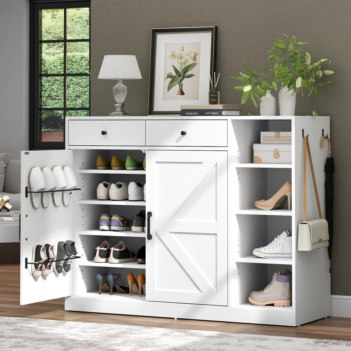 Loomie 5-Tier Shoe Cabinet with 4 Side Cubbies, Farmhouse Shoe Rack Cabinet with 6 Adjustable Shelves & 2 Drawers, Freestanding Shoe Storage Cabinet with 4 Brackets & 2 Hooks for Entryway (White)