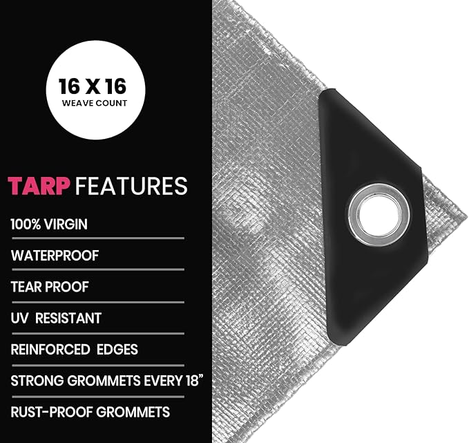PROTARP Extreme Heavy Duty 22 Mil Tarp Cover, Waterproof, UV Resistant, Rip and Tear Proof, Poly Tarpaulin with Reinforced Edges for Roof, Camping, Patio, Pool, Boat. (Silver/Black 16′ X 20′)