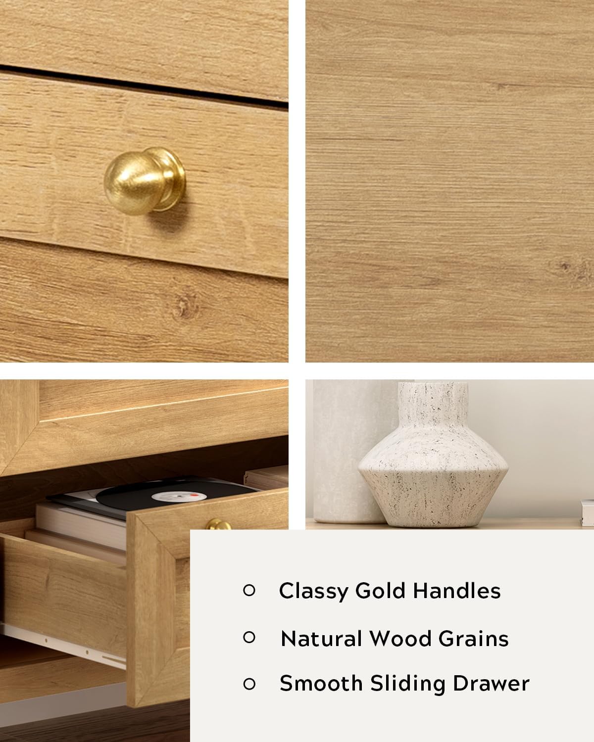 3 Drawers Dresser for Bedroom, Farmhouse Closet Storage Organizer with Golden Handles, Wooden Nightstand End Table for Living Room, Bedroom, Entryway, Hallway, Natural Oak