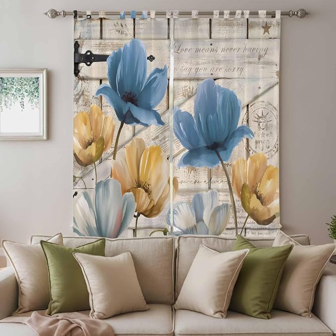 Blue Yellow Tulips Living Room Curtains 96 Inch Length, Window Curtains Tab Top