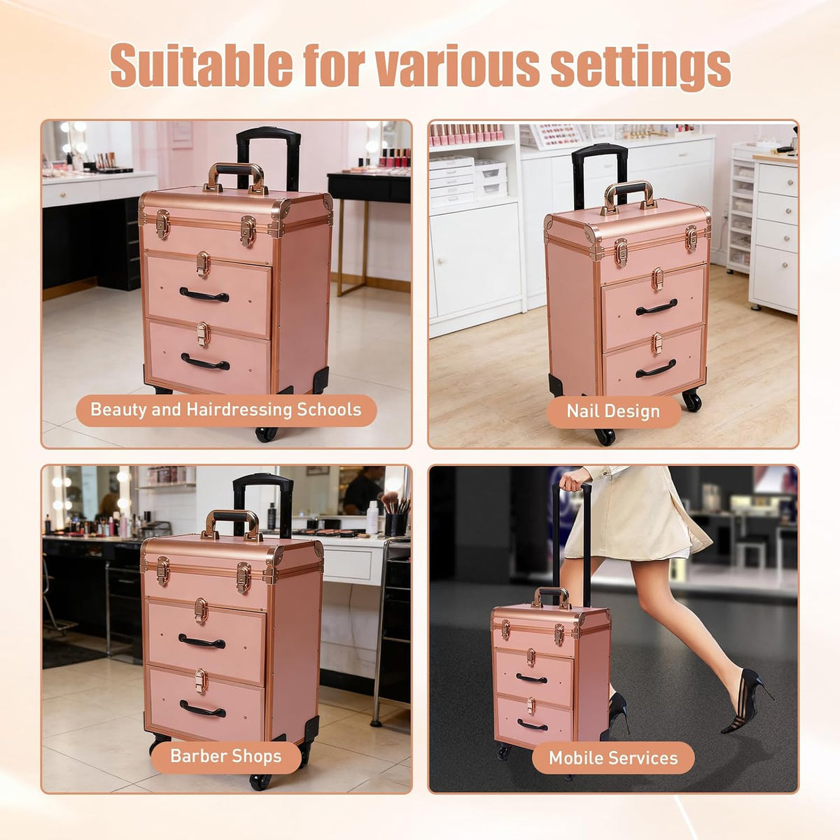 3 in 1 Cosmetic Train Cases Rolling on Wheels Makeup Train Case 𝐰𝐢𝐭𝐡 𝐃𝐫𝐚𝐰𝐞𝐫𝐬 𝐚𝐧𝐝 𝐂𝐥𝐞𝐚𝐫 𝐌𝐚𝐤𝐞𝐮𝐩 𝐁𝐚𝐠,3-Layer Large Nail Cart & Organizer for Makeup Artists,Nail Technicians