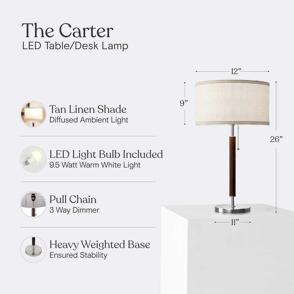 Brightech Carter LED Bedside Lamp - Compact Table & Desk Reading Lamp for Bedroom, Living Room, Office - Modern Nightstand & Side Lamp with Soft Ambient Light - Stainless Steel & Wood Finish
