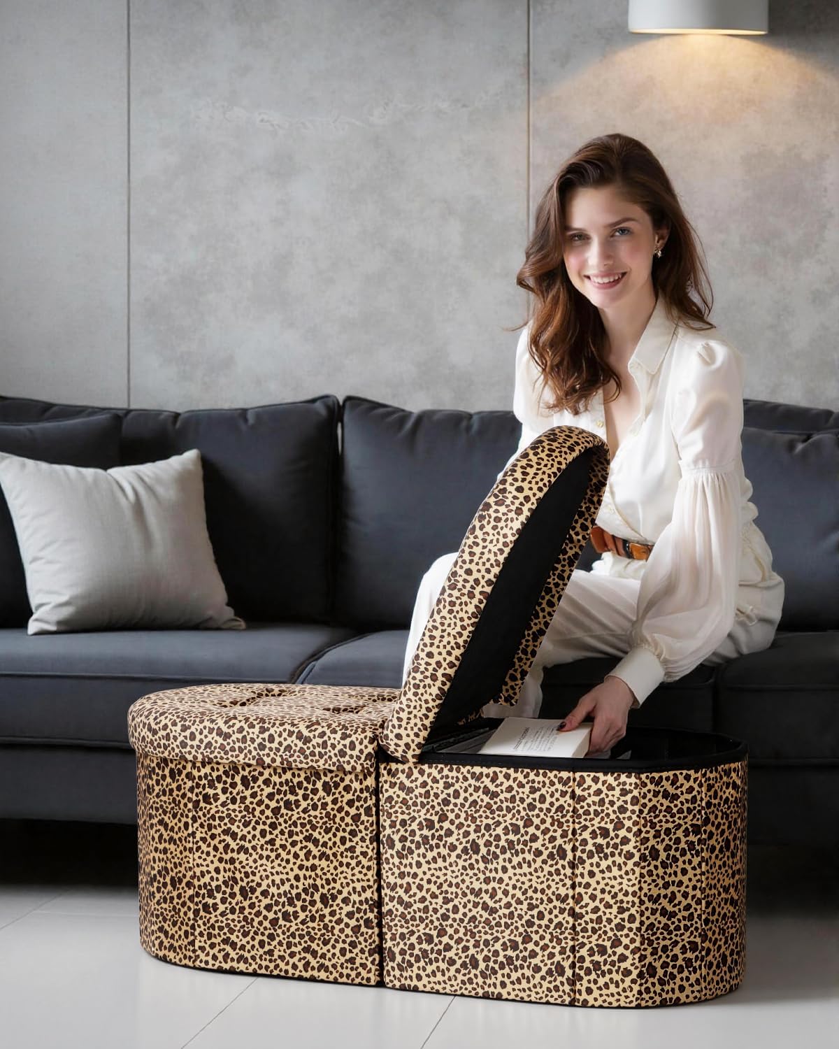 AmasSmile Oval Ottoman Storage Bench,34" Leather Folding Chest,Leopard