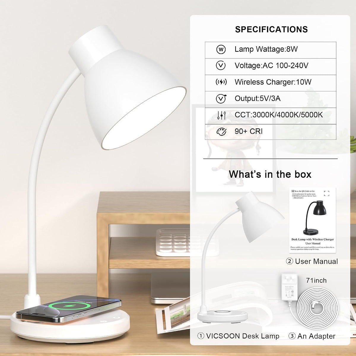 LED Desk Lamp for Home Office with Wireless Charger, White