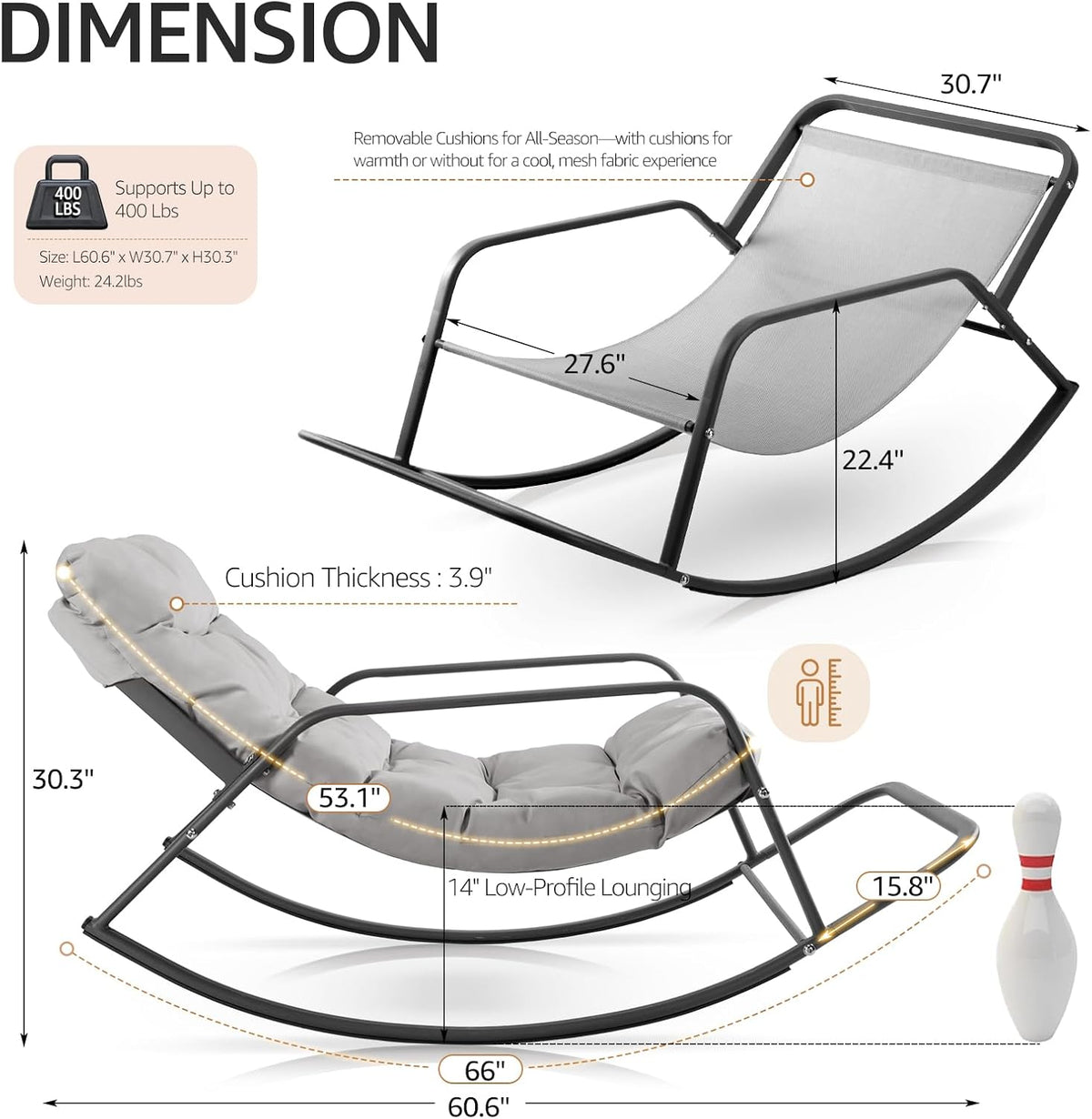 NICESOUL Papasan Rocking Chair with Footrest, Outdoor Rocking Chair with Cushion, Oversized Patio Rocker, Modern Lounge Comfort, Heavy Duty Steel Frame, Indoor Porch Garden, Grey