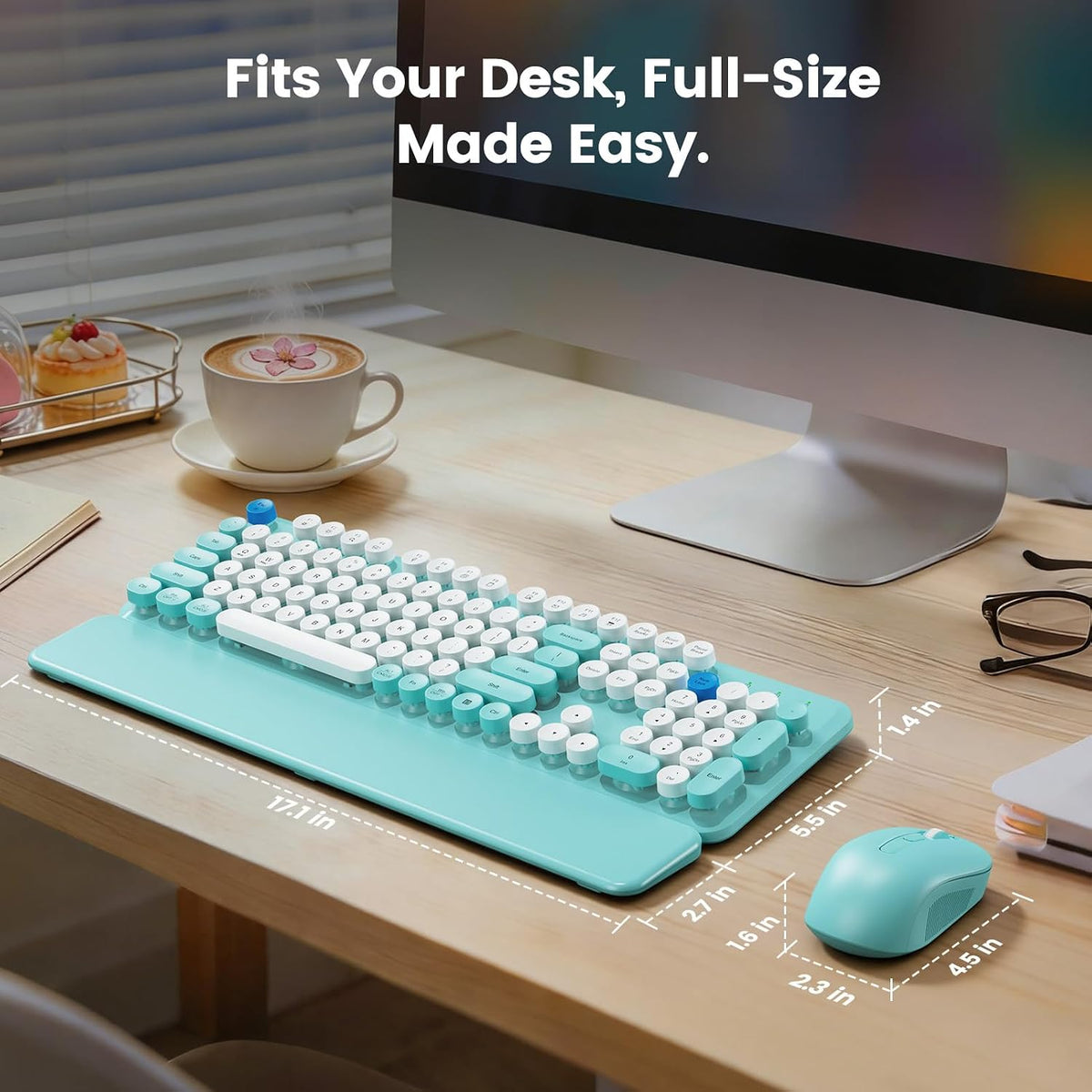 Wireless Keyboard Mouse Combo, Magnetic Wrist Rest, Round Keycap, Aqua Blue