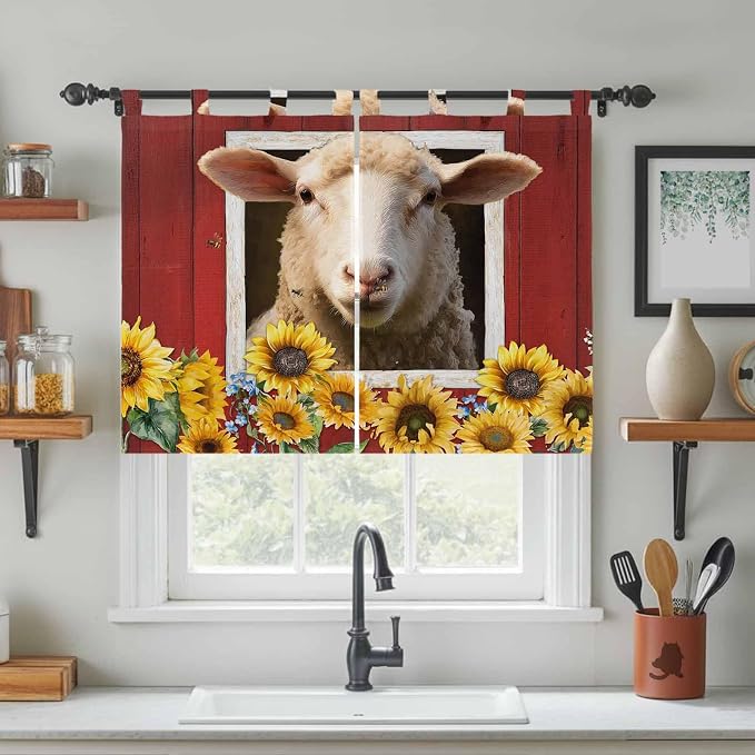 Sheep Sunflower Bedroom Curtains 63 Inch Length, Window Curtains Tab Top