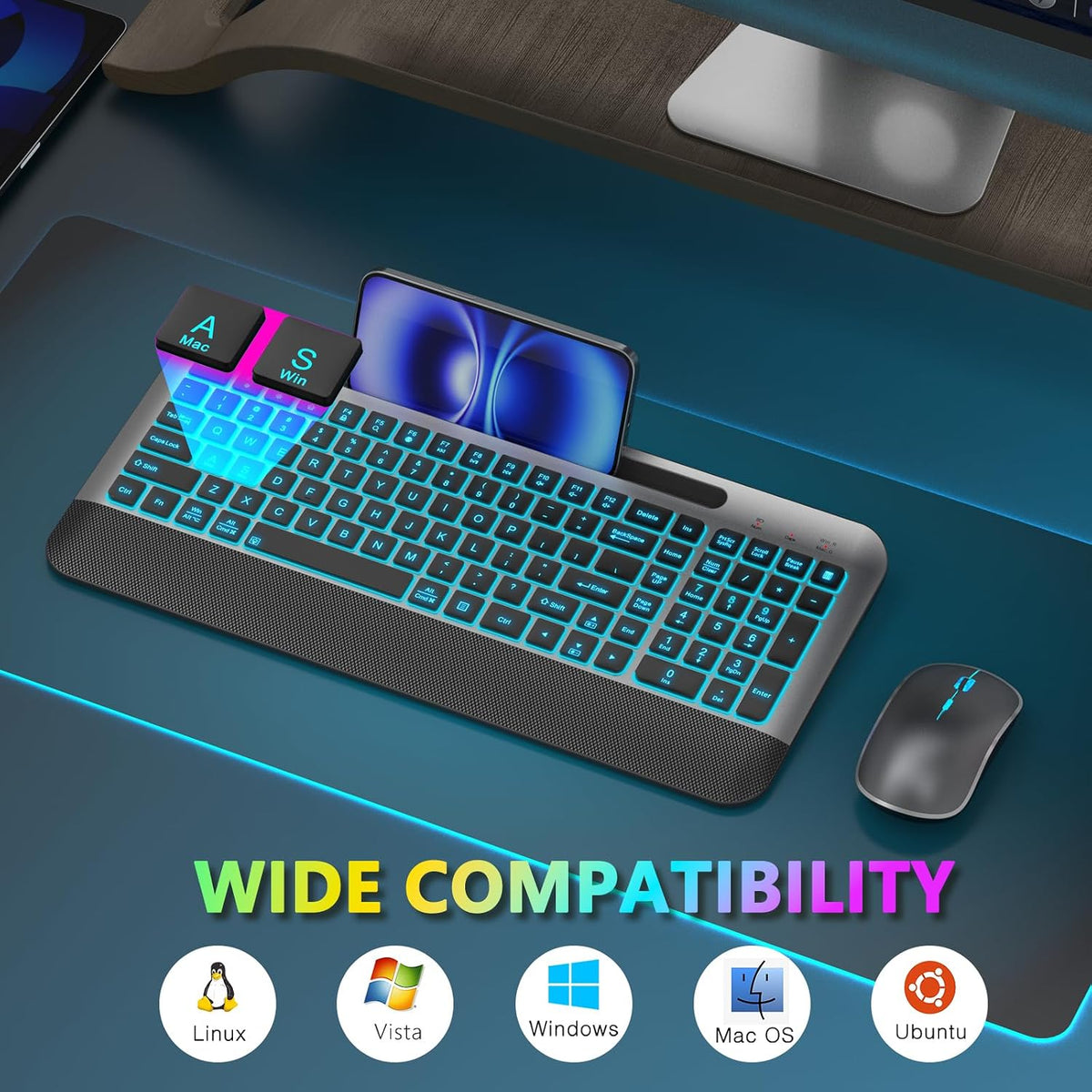 JOYACCESS Silent RGB Backlit Wireless Keyboard Mouse Set, Rechargeable 3000mAh Keyboard, Ergonomic Wrist Rest, 2.4G USB‑A/C, for PC Mac Laptop Office - Space Gray
