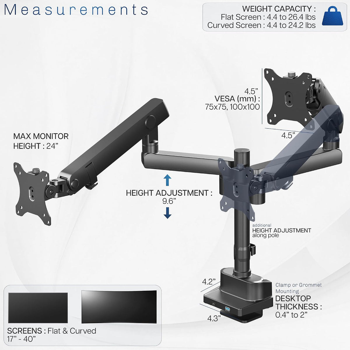 VIVO Premium Aluminum Full Motion Dual Monitor Desk Mount Stand with Lift Engine Arm, Pole Extension, and USB Ports, Fits Ultrawide Screens up to 40 inches, STAND-V102BDU