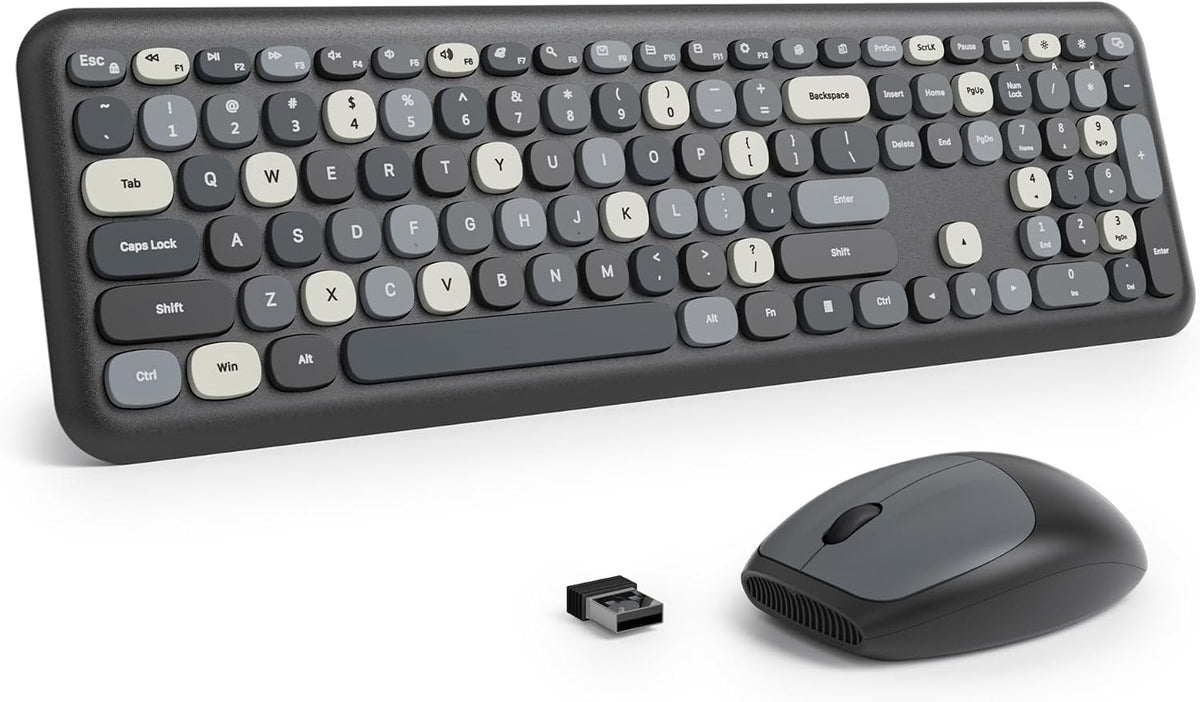 Surmen Colorful Black Quiet Keyboard and Mouse Wireless, Full-Size Girly Slient Keyboard Retro Typewriter Low-Noise 2.4GHz for Computer, Desktop, Laptop (X110-Blend Gray)