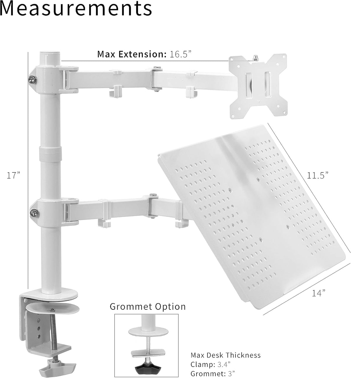 VIVO Fully Adjustable 13 to 32 inch Single Computer Monitor and Laptop Desk Mount Combo, Stand with Grommet Option, Fits up to 17 inch Laptops, White STAND-V002CW