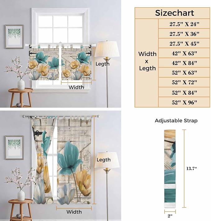 Watercolor Flowers Bedroom Curtains 72 Inch Length, Window Curtains Tab Top