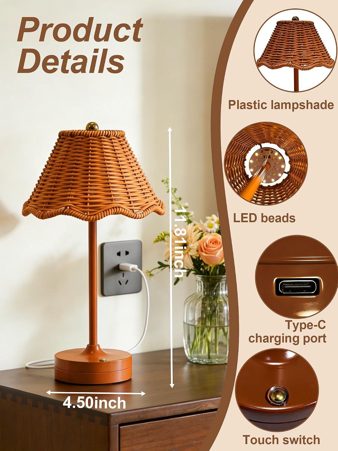 2 Pack Rattan Table Lamp,USB Rechargeable Cordless LED Desk Lamps