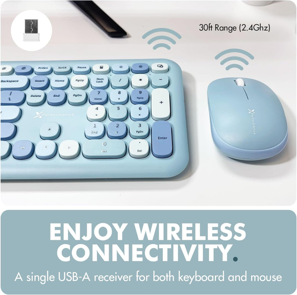X9 Cute Wireless Keyboard and Mouse Combo - Retro Typewriter Keyboard and Mouse with Round Bubble Keys, 110 Keys and 18 Shortcuts Keyboard - Colorful Blue Keyboard Mouse Combo for PC Computer, Laptop