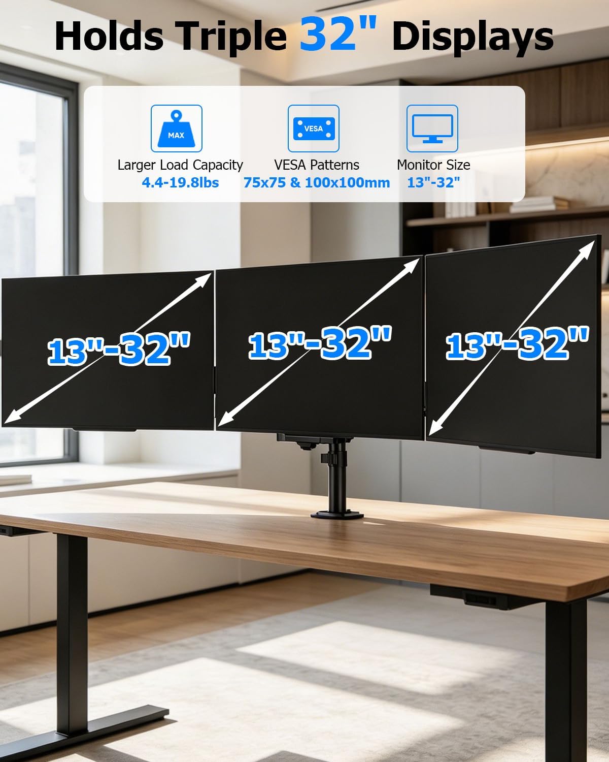 FORGING MOUNT Triple Monitor Mount for 13 to 32 inch Screens, Adjustable 3 Monitor Desk Mount, Triple Monitor Stand with Swivel, Tilt, Rotation, Clamp & Grommet Kit