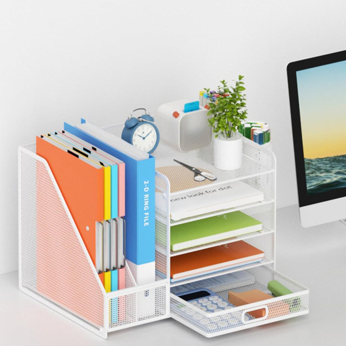 Lavatino Desk Organizer with File Holder, 5-Tier Paper Letter Tray Organizer with Sliding Drawer and 2 Pen Holder, Mesh Desktop File Organizer for Office Supplies, White