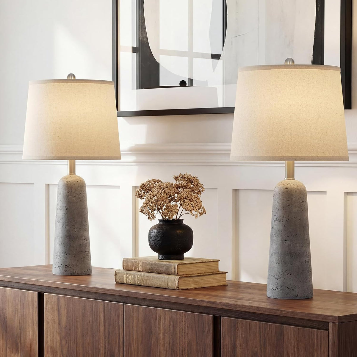 Rinweey 24" Modern Concrete Table Lamps Set of 2, Faux Stone Bedside Lamps for Bedroom, Travertine Inspired Nightstand Lamps for Living Room End Table, Gray (2 LED Bulbs Included)