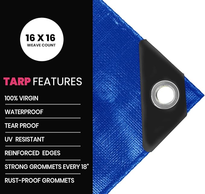 PROTARP Extreme Heavy Duty 22 Mil Tarp Cover, Waterproof, UV Resistant, Rip and Tear Proof, Poly Tarpaulin with Reinforced Edges for Roof, Camping, Patio, Pool, Boat. (Blue 12′ X 25′)