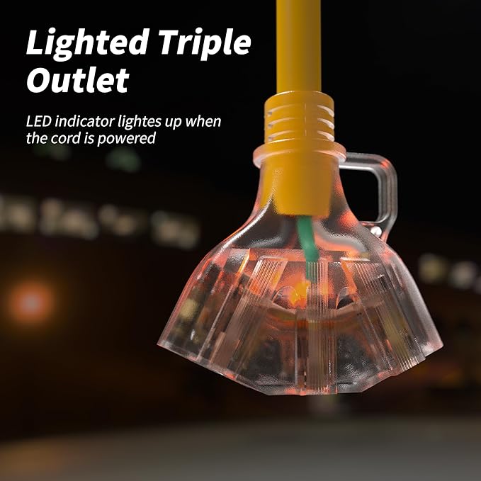 6 FT 12/3 Gauge Outdoor Extension Cord with Multiple Outlets Light Indicator, Flexible 3 Outlet Weatherproof Heavy Duty Extension Cord Waterproof Yellow, 15A 1875W 12AWG SJTW, ETL Listed