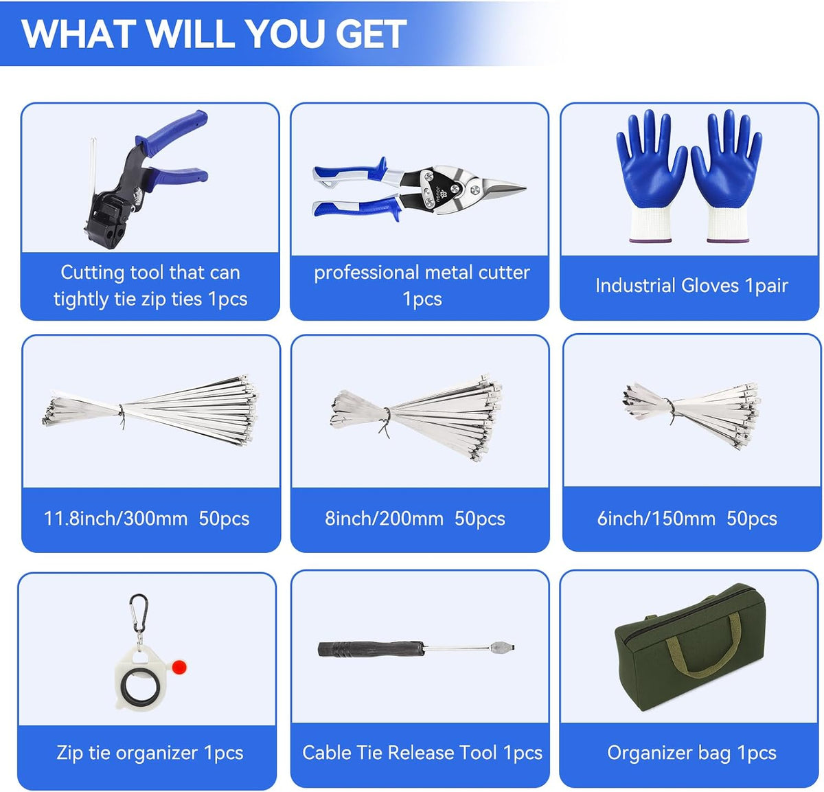 Metal Zip Ties Cutter Stainless Steel Cable Tie Gun Kit Assortment With 150pcs Stainless Steel Zip Ties Heavy Duty Outdoor For Chain Link Fence Parts Exhaust Wrap